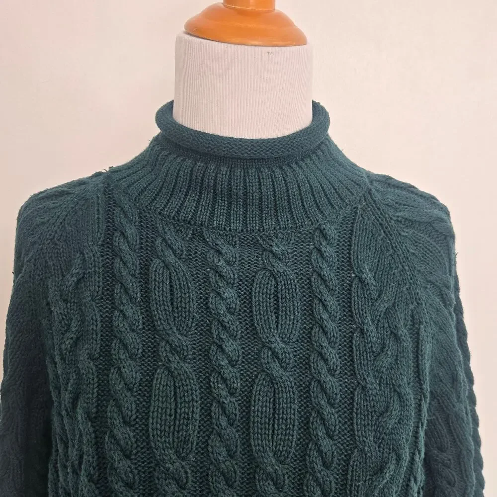 Vintage Roll Neck Cable Knit Sweater Chunky Green Heritage Women Medium